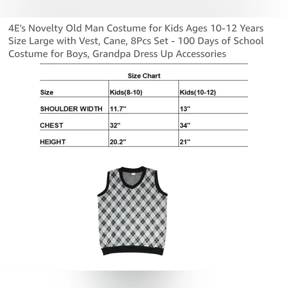 4 E's Novelty Classic Grandpa Costume Set for Kids Size Large 100 Day Costume